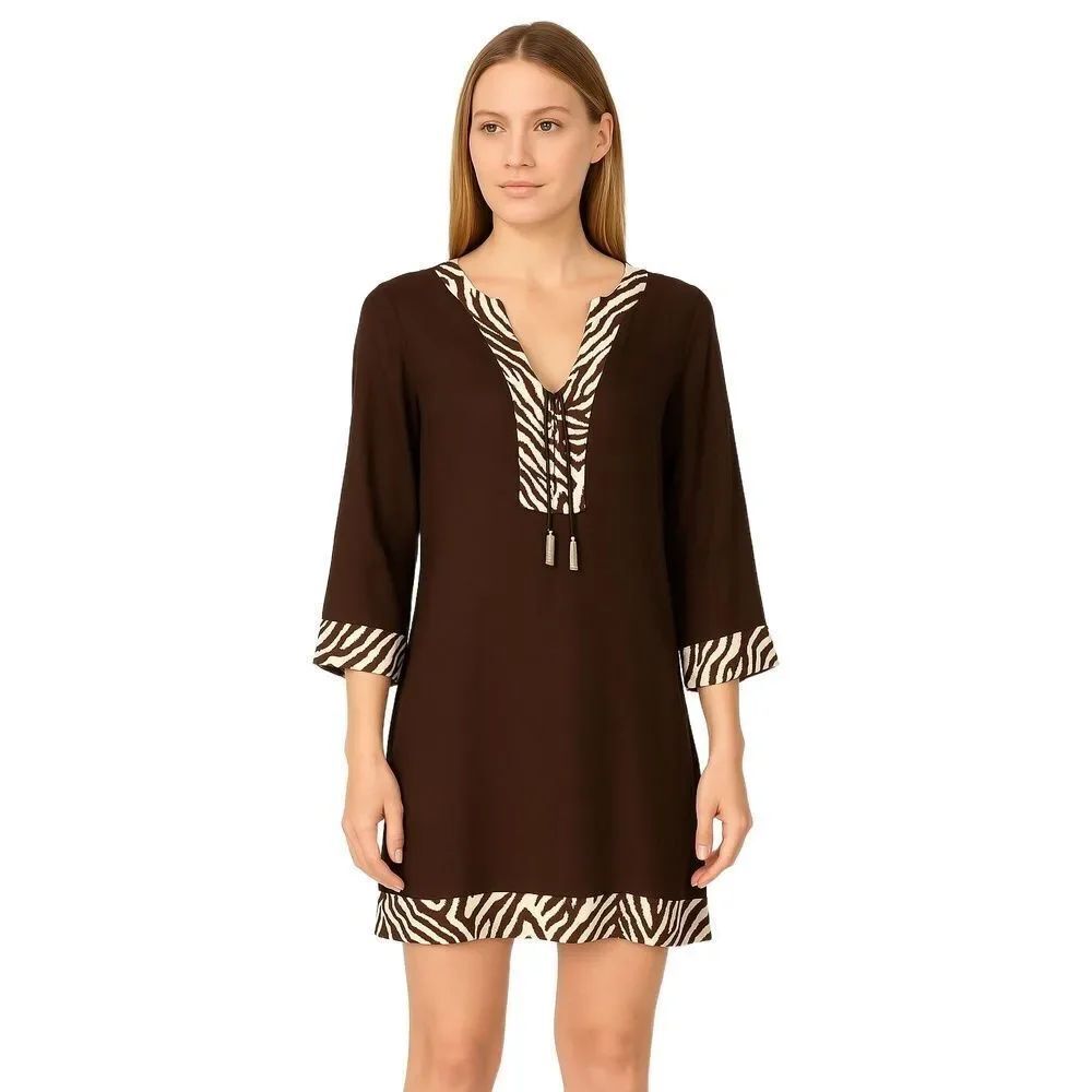 Hermanny Brown Zebra Print Trim Boho Resort Swim Beach Cover-up Womens Small